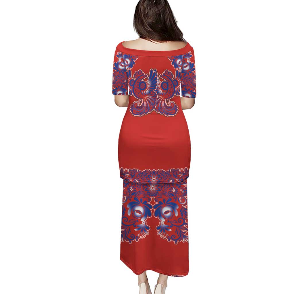 Red Russian National Costume Family Matching Puletasi and Hawaiian Shirt Rooster Motifs Traditional Folk Pattern - Wonder Print Shop