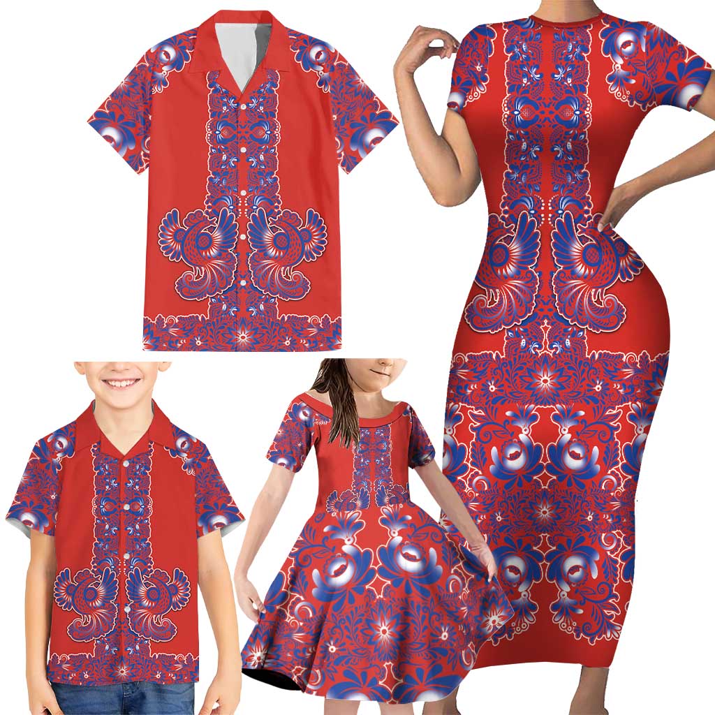 Red Russian National Costume Family Matching Short Sleeve Bodycon Dress and Hawaiian Shirt Rooster Motifs Traditional Folk Pattern - Wonder Print Shop