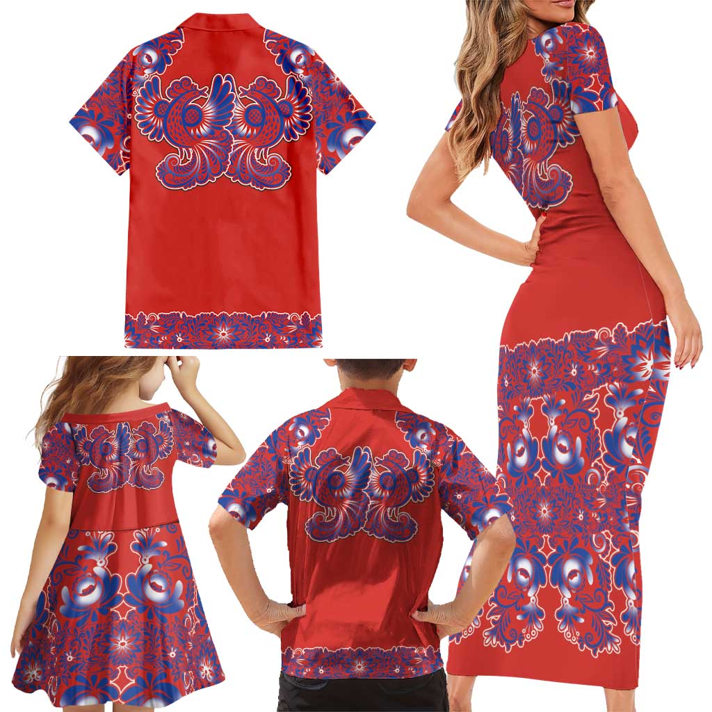 Red Russian National Costume Family Matching Short Sleeve Bodycon Dress and Hawaiian Shirt Rooster Motifs Traditional Folk Pattern - Wonder Print Shop