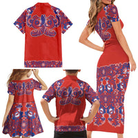 Red Russian National Costume Family Matching Short Sleeve Bodycon Dress and Hawaiian Shirt Rooster Motifs Traditional Folk Pattern - Wonder Print Shop