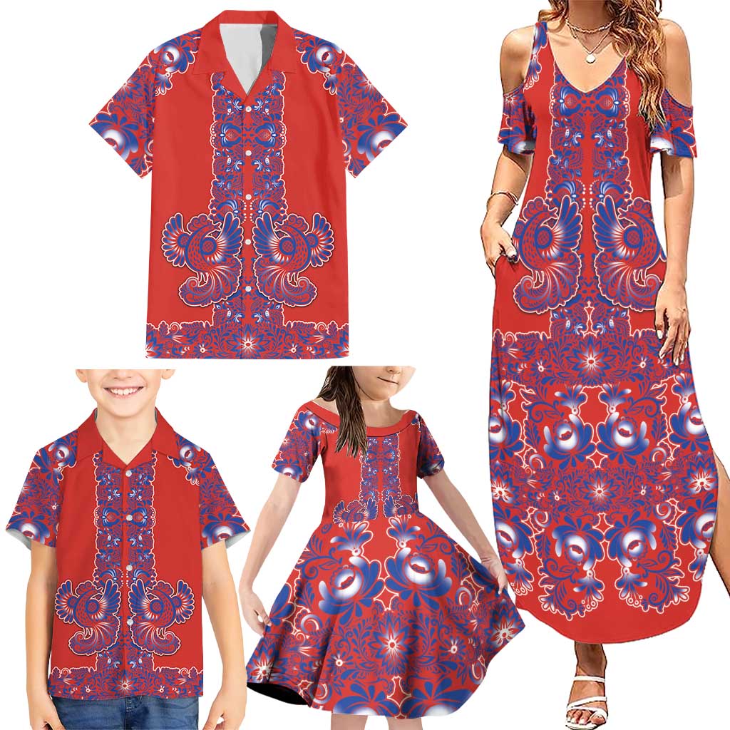Red Russian National Costume Family Matching Summer Maxi Dress and Hawaiian Shirt Rooster Motifs Traditional Folk Pattern - Wonder Print Shop