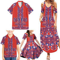 Red Russian National Costume Family Matching Summer Maxi Dress and Hawaiian Shirt Rooster Motifs Traditional Folk Pattern - Wonder Print Shop
