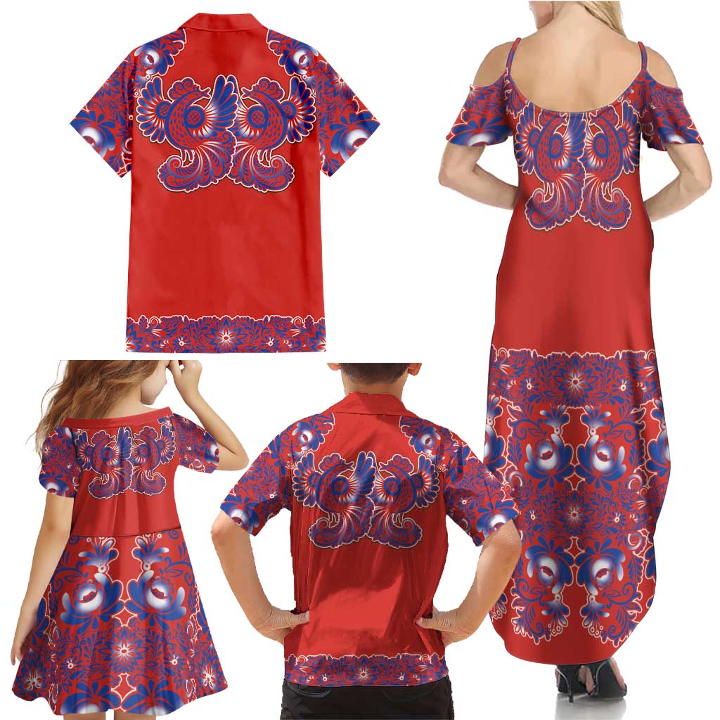 Red Russian National Costume Family Matching Summer Maxi Dress and Hawaiian Shirt Rooster Motifs Traditional Folk Pattern - Wonder Print Shop