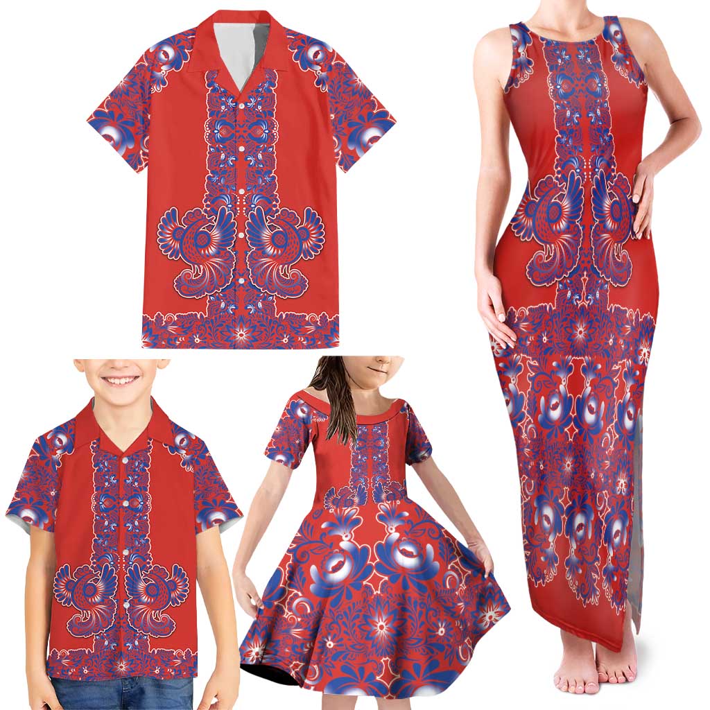 Red Russian National Costume Family Matching Tank Maxi Dress and Hawaiian Shirt Rooster Motifs Traditional Folk Pattern - Wonder Print Shop