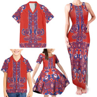 Red Russian National Costume Family Matching Tank Maxi Dress and Hawaiian Shirt Rooster Motifs Traditional Folk Pattern - Wonder Print Shop