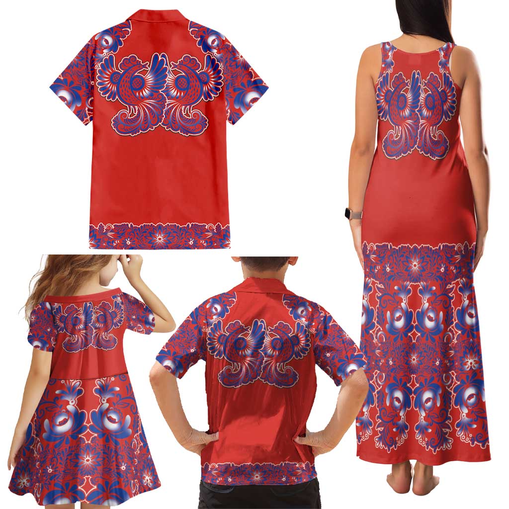 Red Russian National Costume Family Matching Tank Maxi Dress and Hawaiian Shirt Rooster Motifs Traditional Folk Pattern - Wonder Print Shop