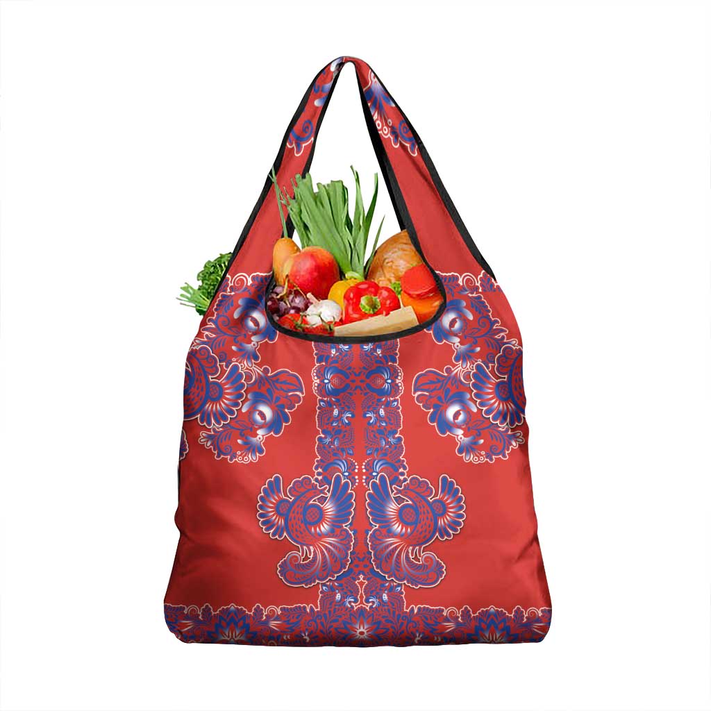Red Russian National Costume Grocery Bag Rooster Motifs Traditional Folk Pattern - Wonder Print Shop
