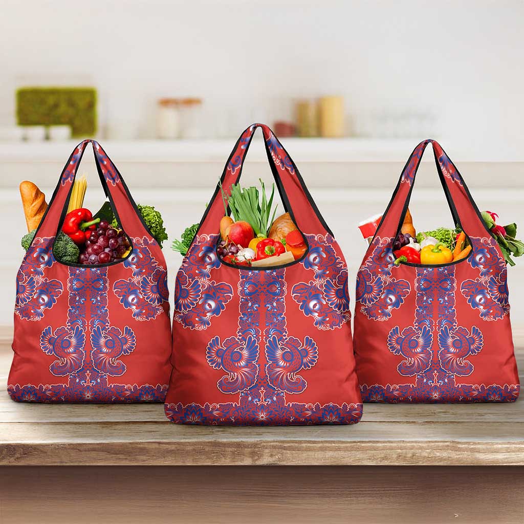 Red Russian National Costume Grocery Bag Rooster Motifs Traditional Folk Pattern - Wonder Print Shop