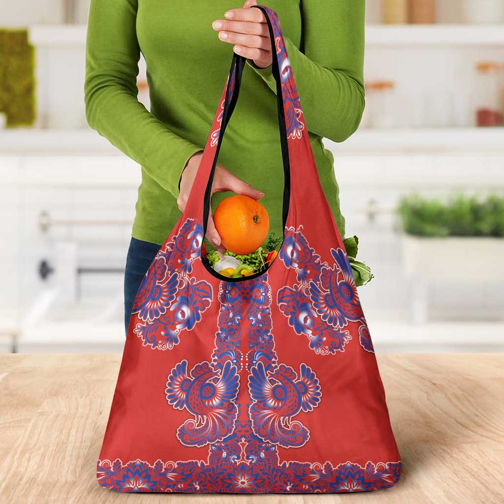 Red Russian National Costume Grocery Bag Rooster Motifs Traditional Folk Pattern - Wonder Print Shop