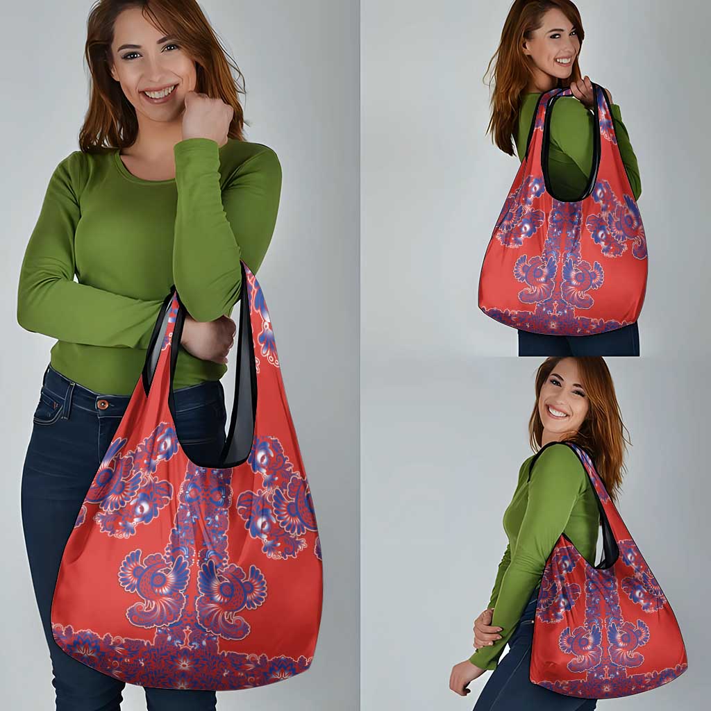 Red Russian National Costume Grocery Bag Rooster Motifs Traditional Folk Pattern - Wonder Print Shop
