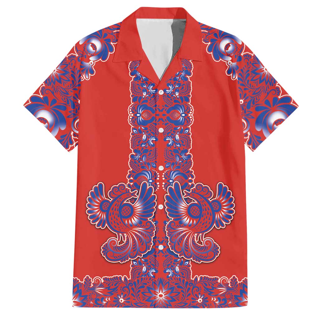 Red Russian National Costume Hawaiian Shirt Rooster Motifs Traditional Folk Pattern - Wonder Print Shop