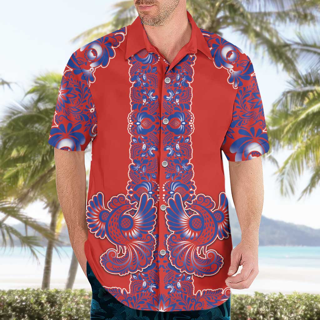 Red Russian National Costume Hawaiian Shirt Rooster Motifs Traditional Folk Pattern - Wonder Print Shop