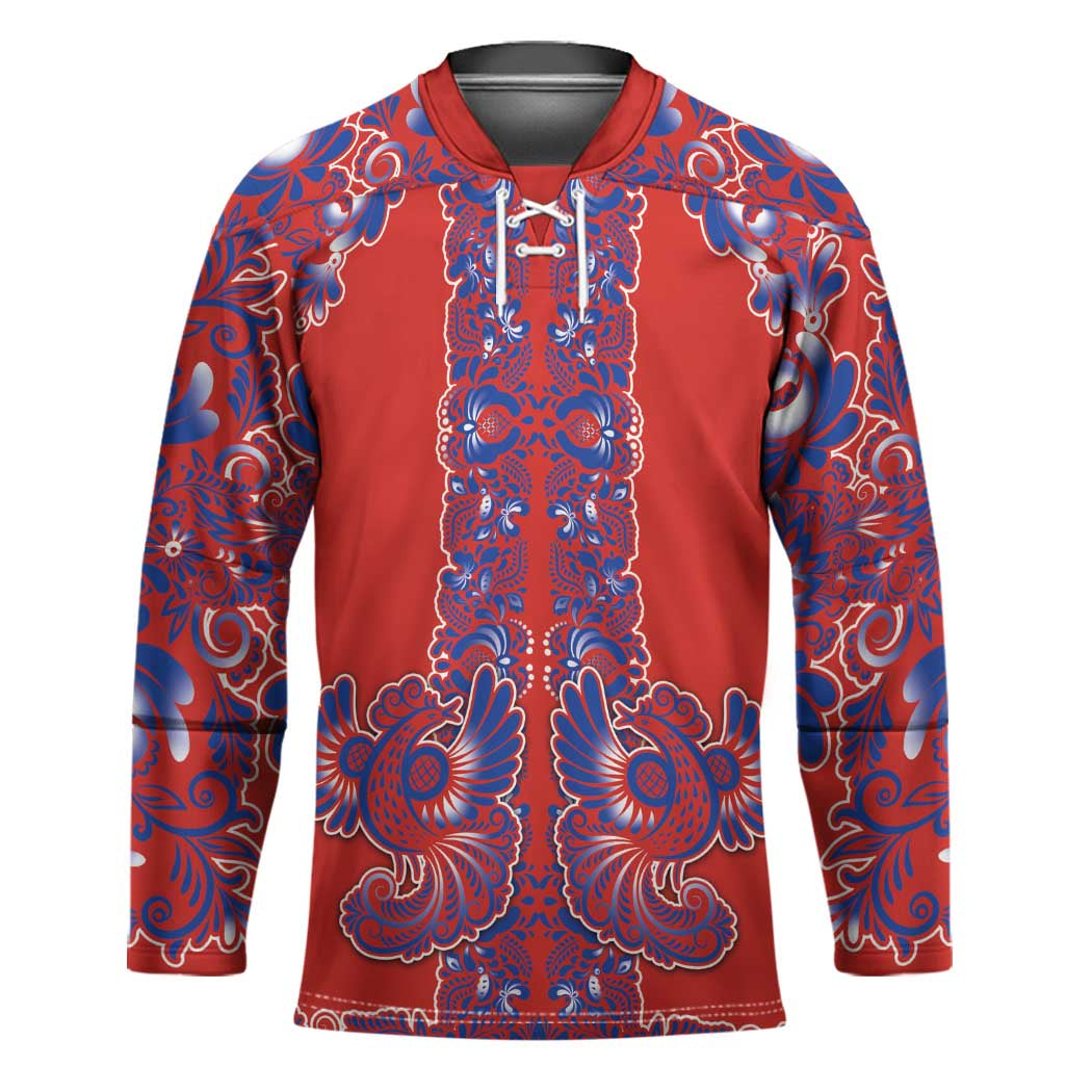 Red Russian National Costume Hockey Jersey Rooster Motifs Traditional Folk Pattern - Wonder Print Shop