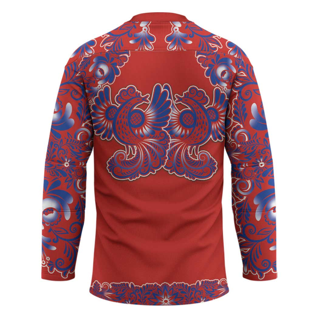 Red Russian National Costume Hockey Jersey Rooster Motifs Traditional Folk Pattern - Wonder Print Shop