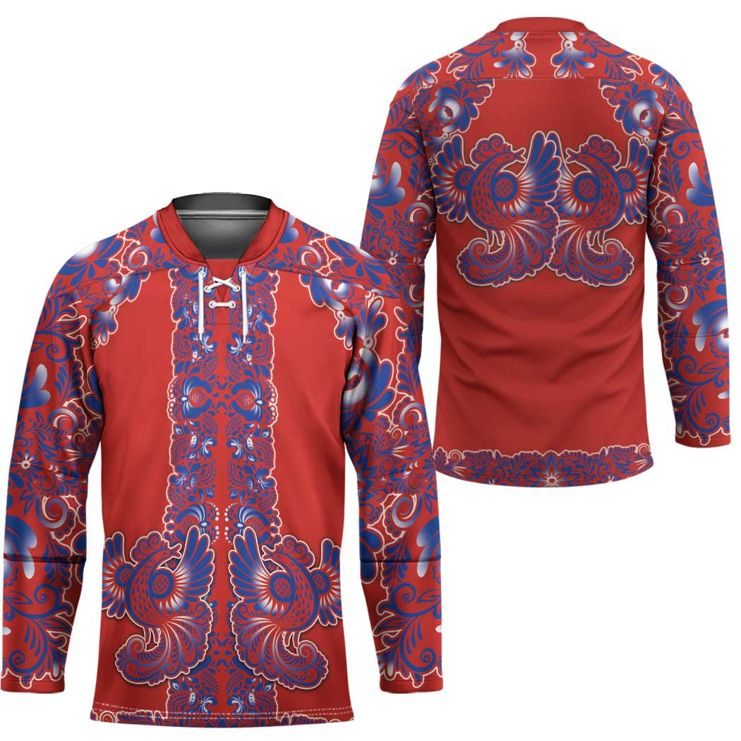 Red Russian National Costume Hockey Jersey Rooster Motifs Traditional Folk Pattern - Wonder Print Shop