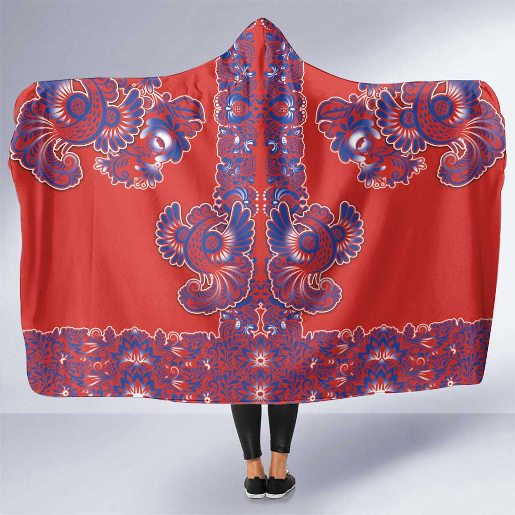 Red Russian National Costume Hooded Blanket Rooster Motifs Traditional Folk Pattern - Wonder Print Shop