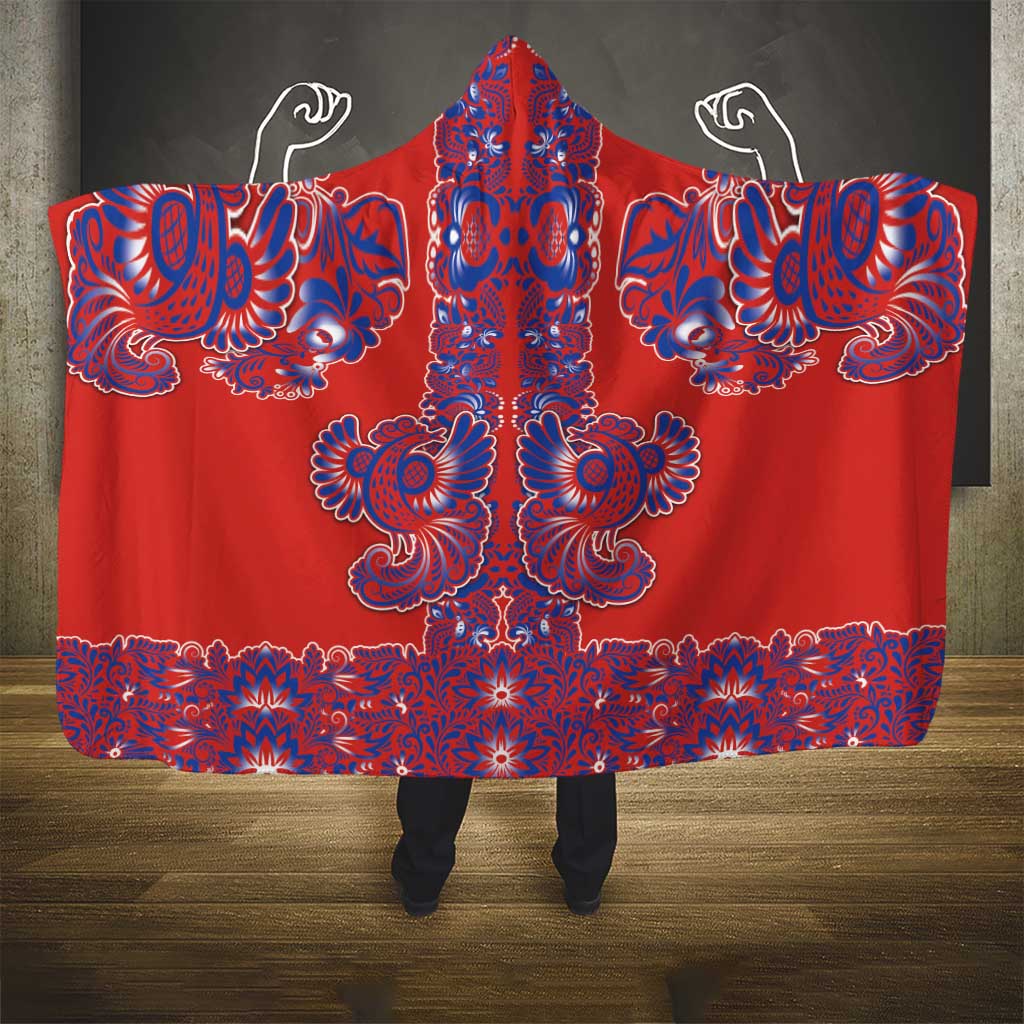 Red Russian National Costume Hooded Blanket Rooster Motifs Traditional Folk Pattern - Wonder Print Shop