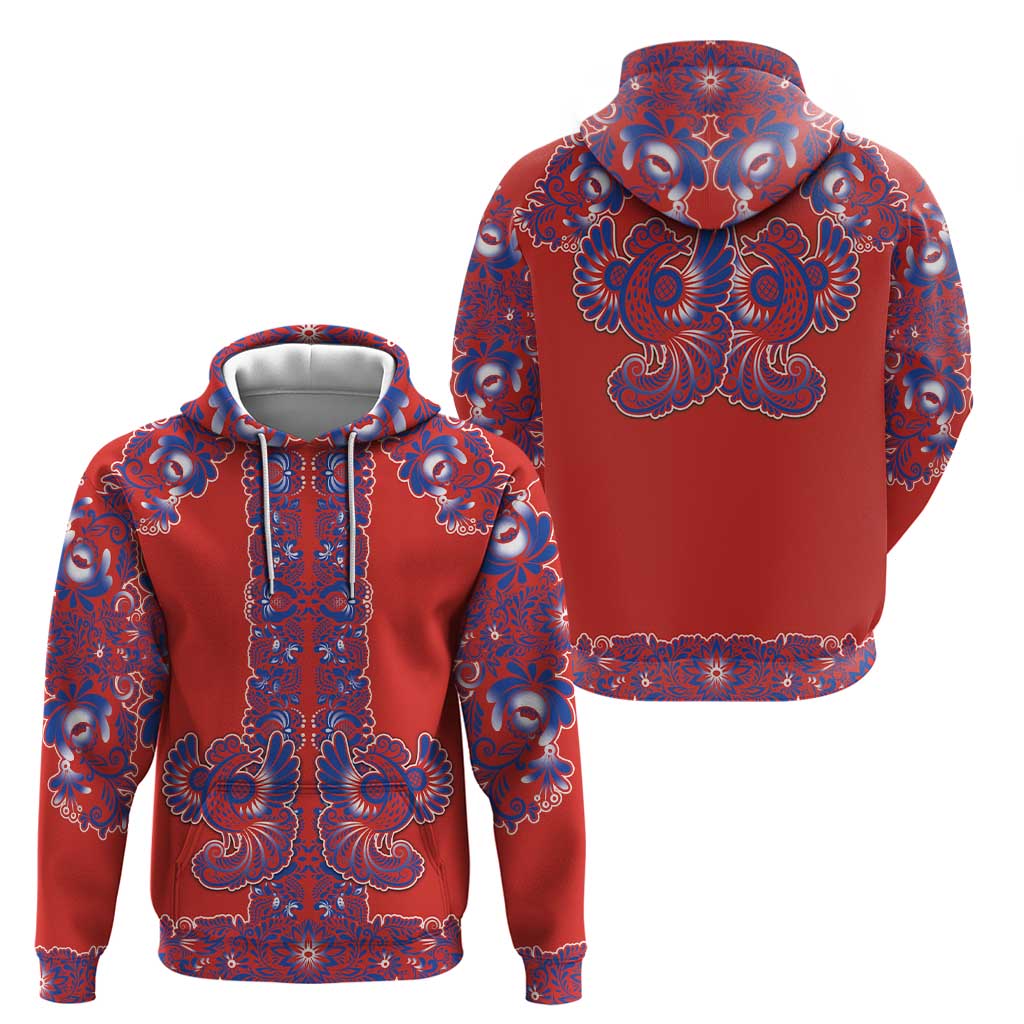 Red Russian National Costume Hoodie Rooster Motifs Traditional Folk Pattern - Wonder Print Shop