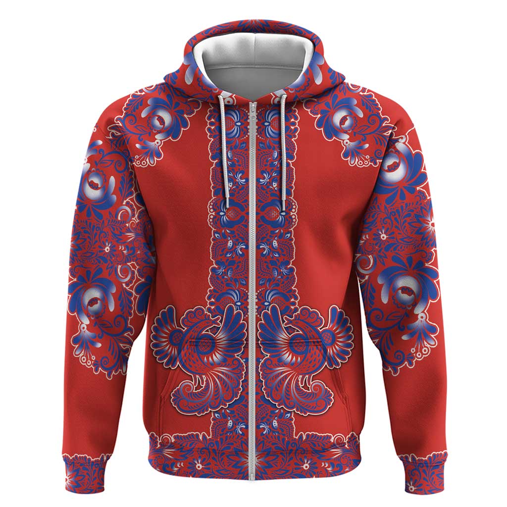 Red Russian National Costume Hoodie Rooster Motifs Traditional Folk Pattern - Wonder Print Shop