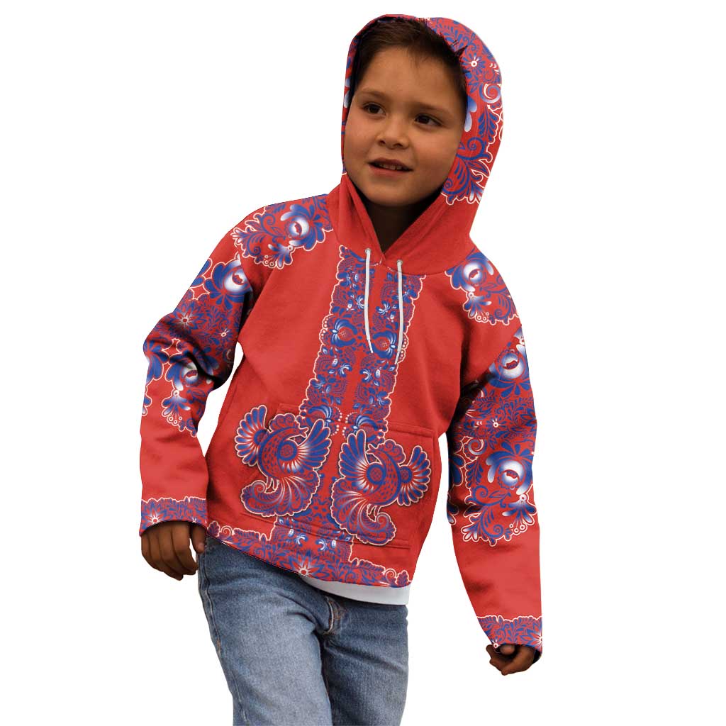 Red Russian National Costume Kid Hoodie Rooster Motifs Traditional Folk Pattern - Wonder Print Shop