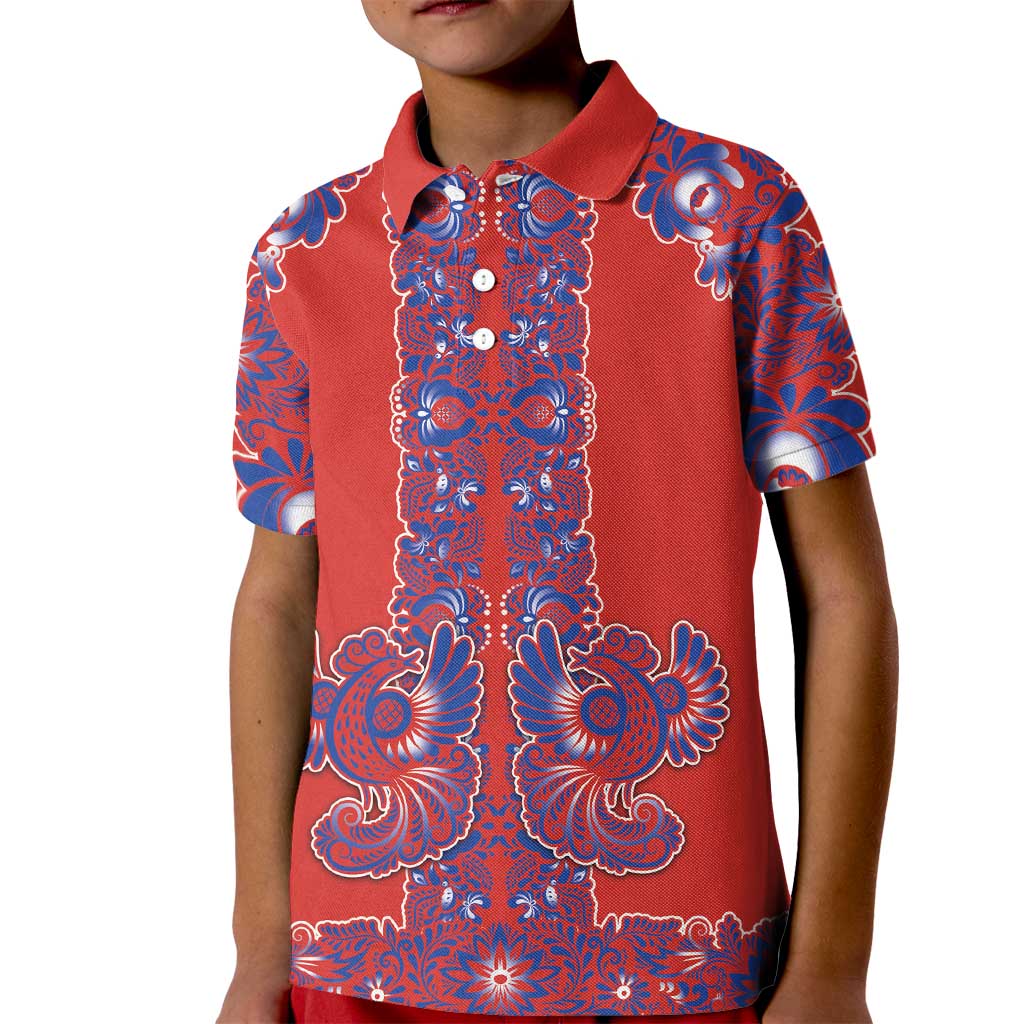 Red Russian National Costume Kid Polo Shirt Rooster Motifs Traditional Folk Pattern - Wonder Print Shop