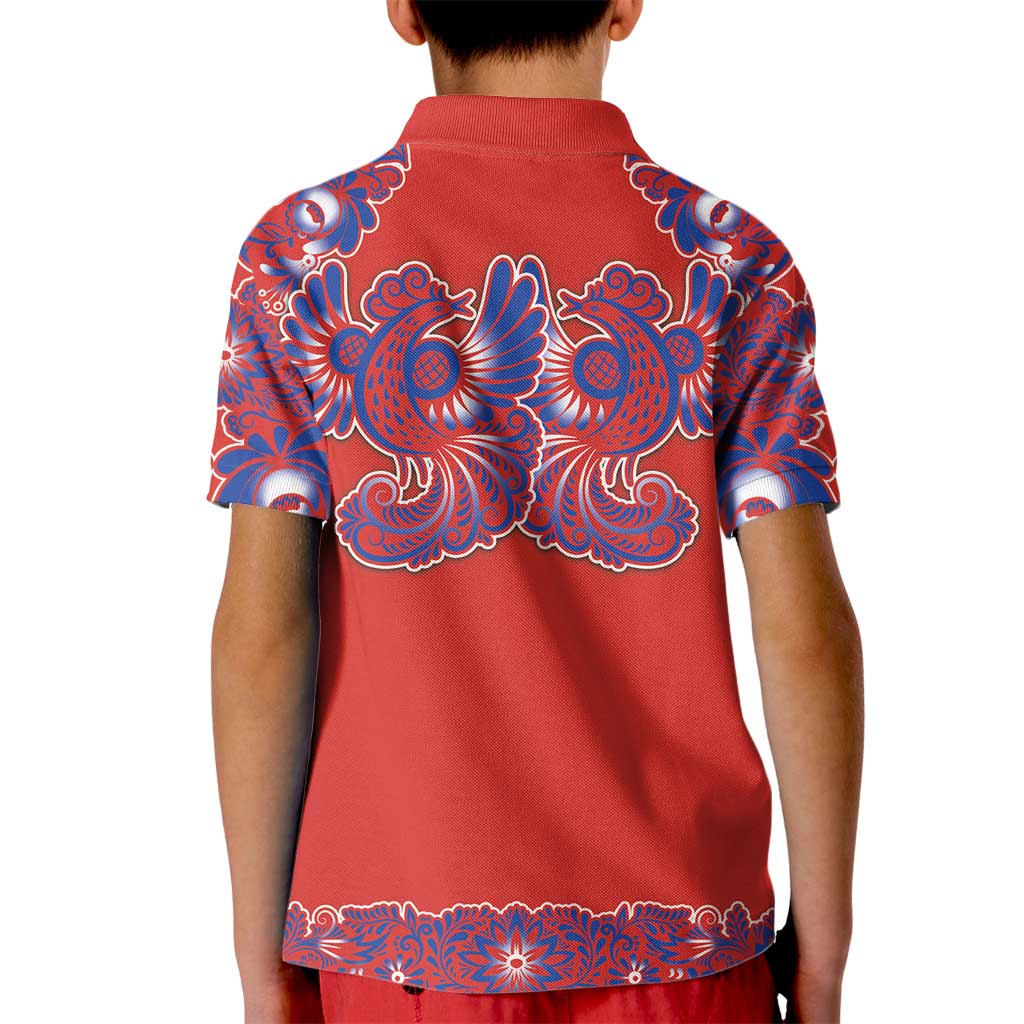 Red Russian National Costume Kid Polo Shirt Rooster Motifs Traditional Folk Pattern - Wonder Print Shop