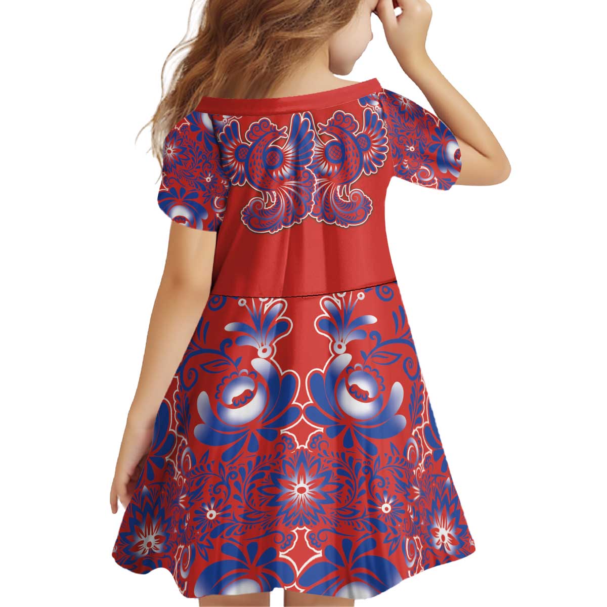 Red Russian National Costume Kid Short Sleeve Dress Rooster Motifs Traditional Folk Pattern - Wonder Print Shop