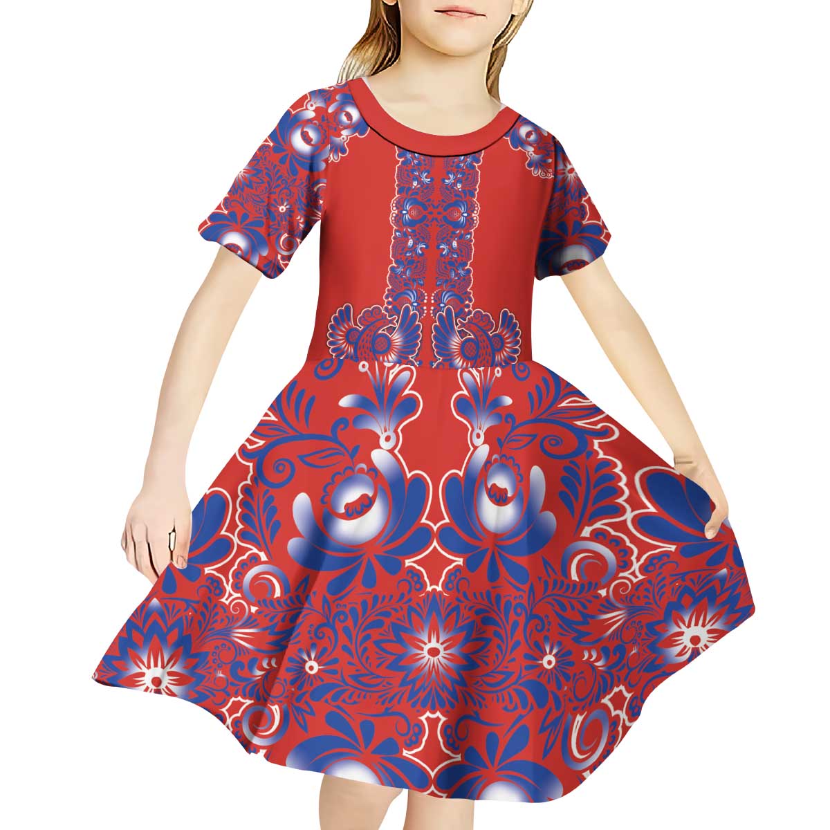 Red Russian National Costume Kid Short Sleeve Dress Rooster Motifs Traditional Folk Pattern - Wonder Print Shop