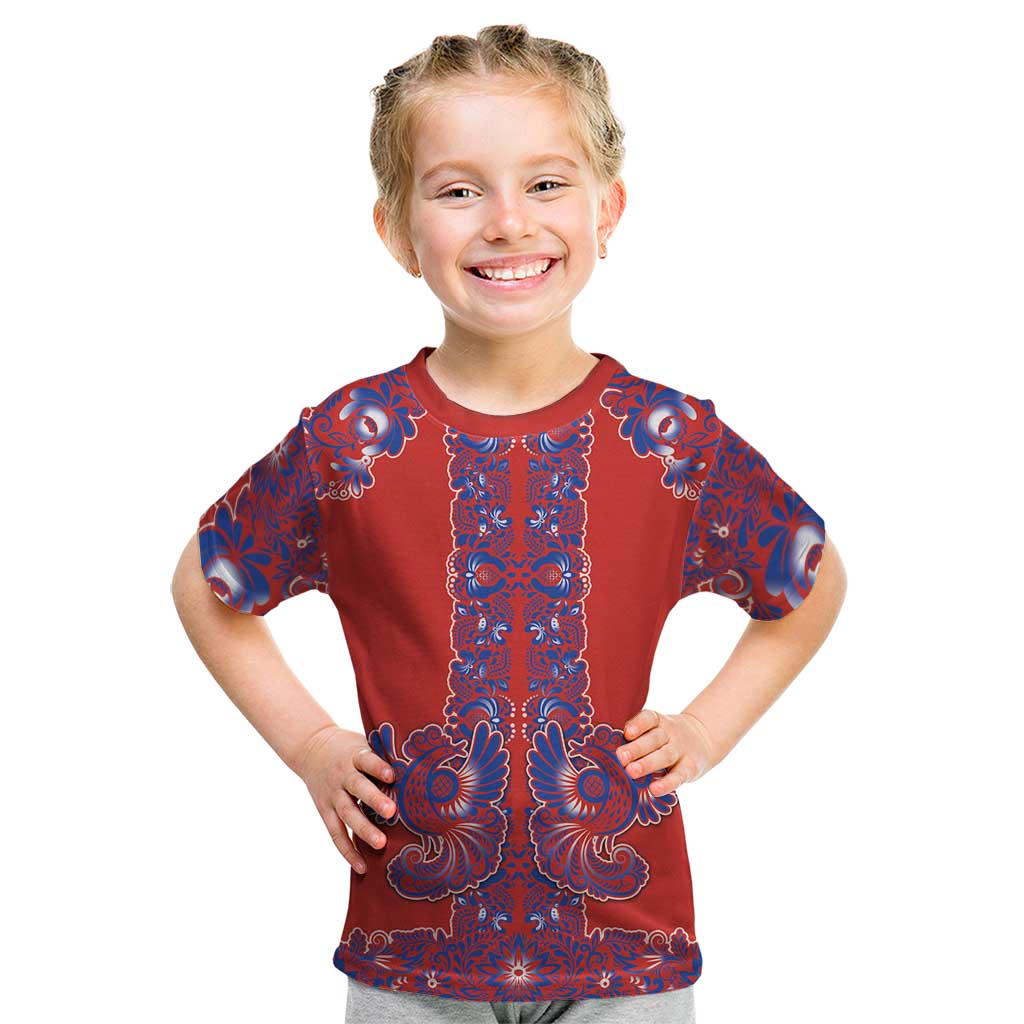 Red Russian National Costume Kid T Shirt Rooster Motifs Traditional Folk Pattern - Wonder Print Shop