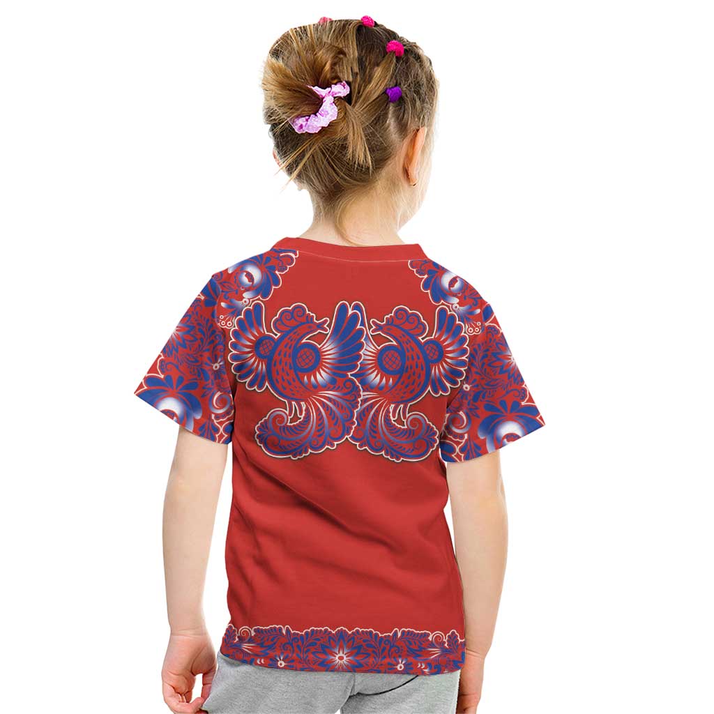Red Russian National Costume Kid T Shirt Rooster Motifs Traditional Folk Pattern - Wonder Print Shop