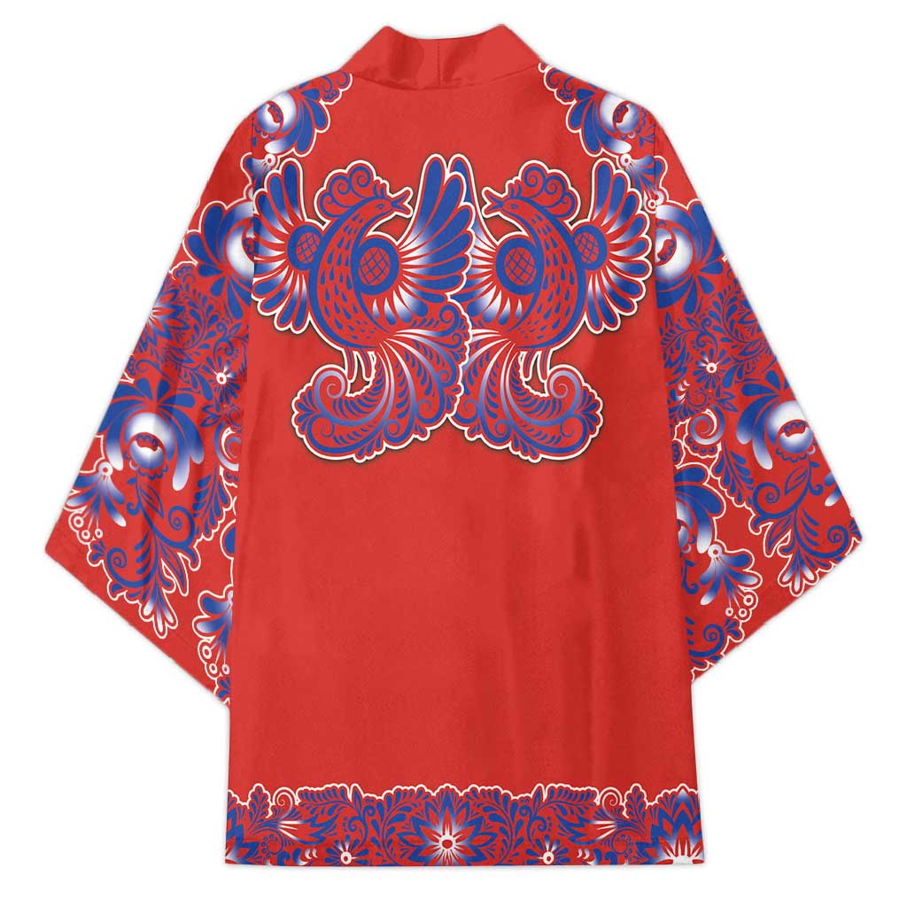 Red Russian National Costume Kimono Rooster Motifs Traditional Folk Pattern - Wonder Print Shop