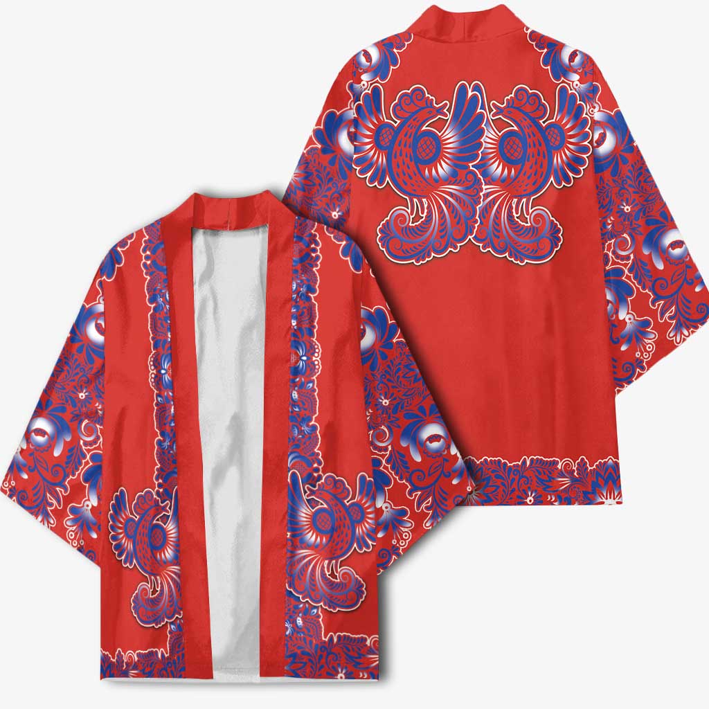 Red Russian National Costume Kimono Rooster Motifs Traditional Folk Pattern - Wonder Print Shop