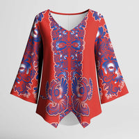 Red Russian National Costume Kimono Sleeve Blouse Rooster Motifs Traditional Folk Pattern - Wonder Print Shop