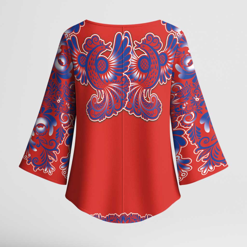 Red Russian National Costume Kimono Sleeve Blouse Rooster Motifs Traditional Folk Pattern - Wonder Print Shop