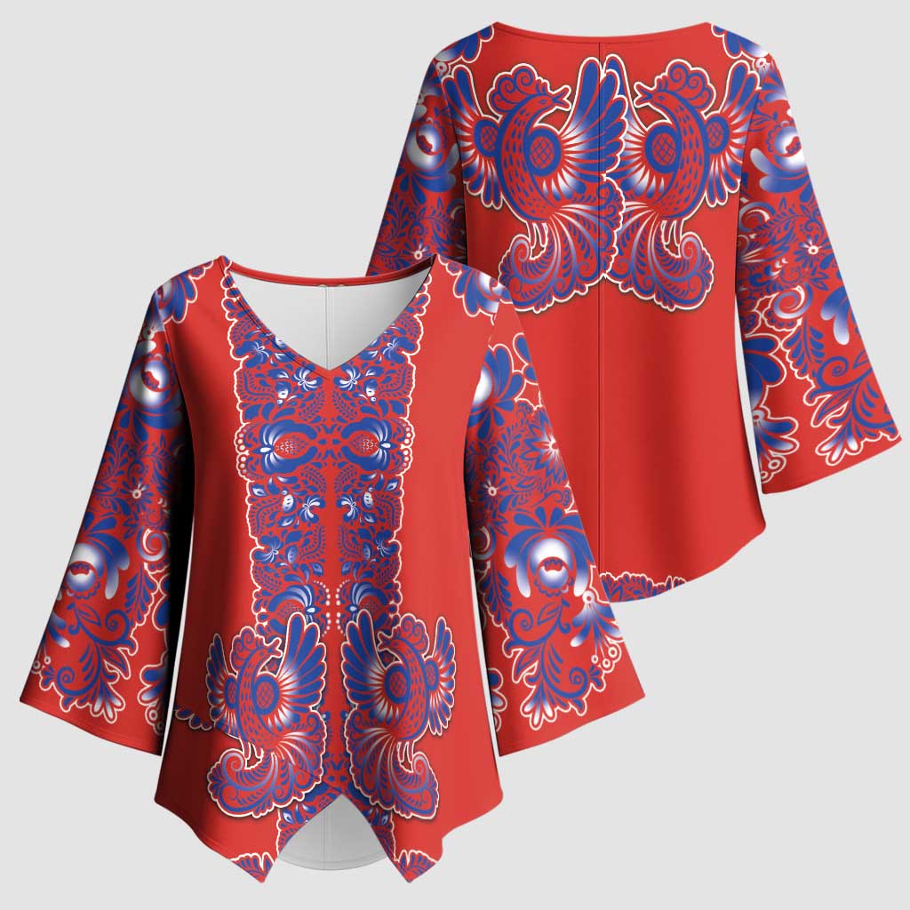 Red Russian National Costume Kimono Sleeve Blouse Rooster Motifs Traditional Folk Pattern - Wonder Print Shop