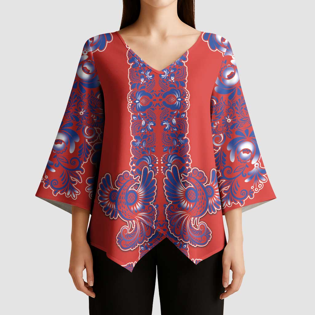 Red Russian National Costume Kimono Sleeve Blouse Rooster Motifs Traditional Folk Pattern - Wonder Print Shop