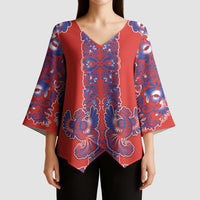 Red Russian National Costume Kimono Sleeve Blouse Rooster Motifs Traditional Folk Pattern - Wonder Print Shop
