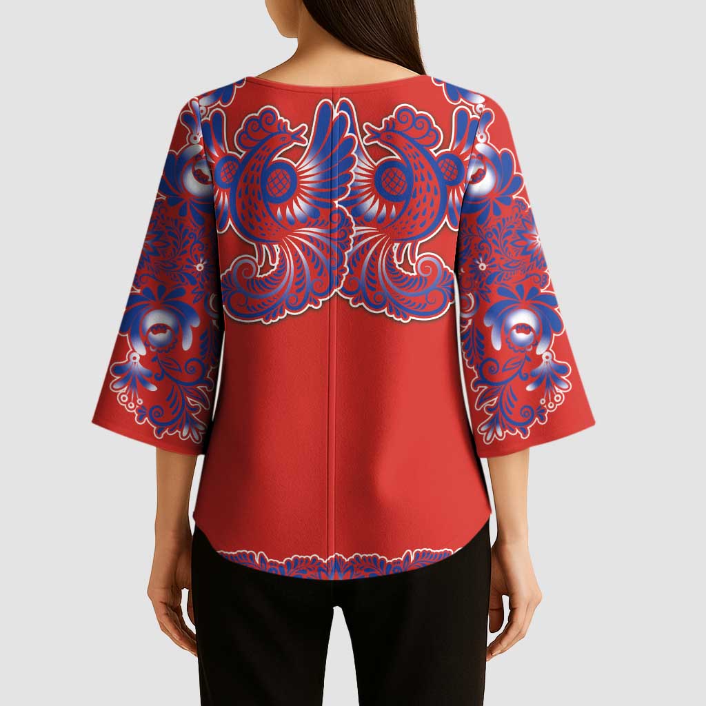 Red Russian National Costume Kimono Sleeve Blouse Rooster Motifs Traditional Folk Pattern - Wonder Print Shop