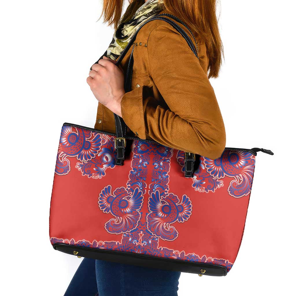 Red Russian National Costume Leather Tote Bag Rooster Motifs Traditional Folk Pattern - Wonder Print Shop