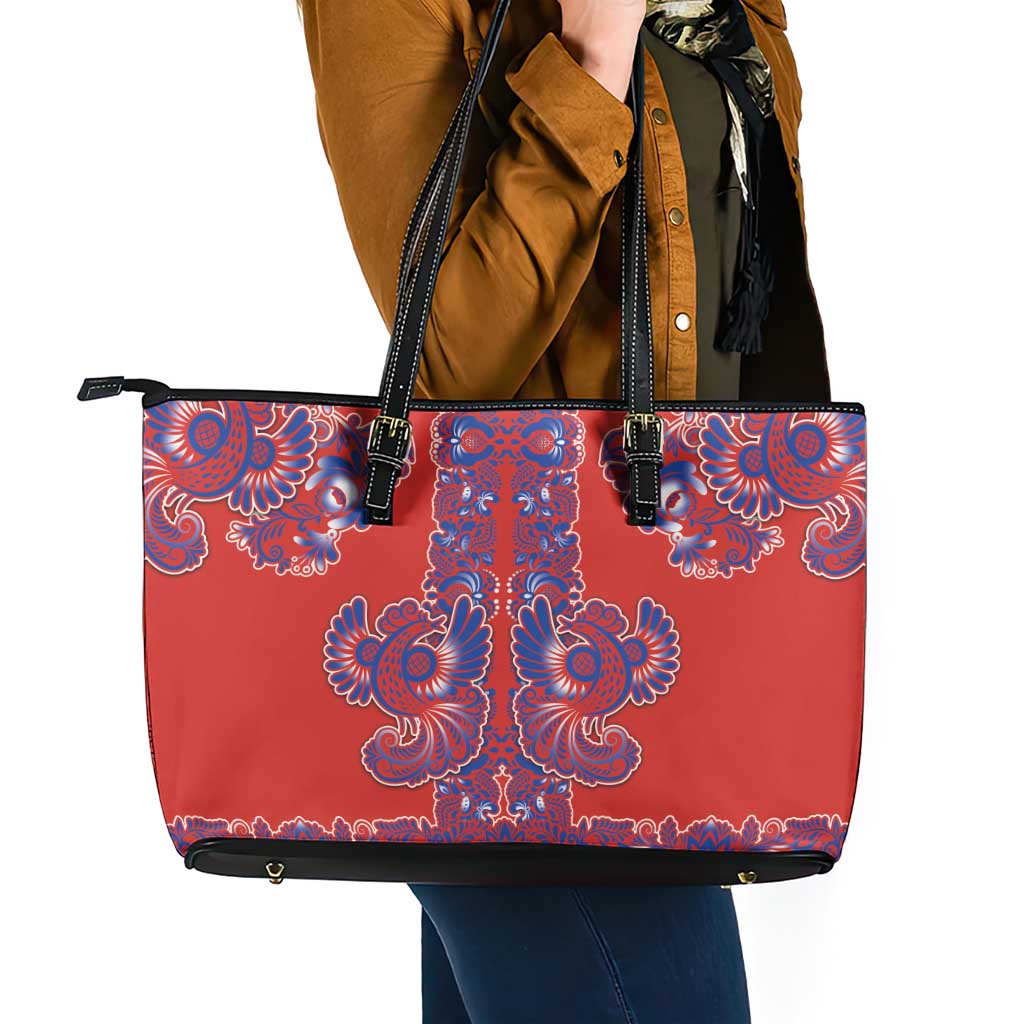 Red Russian National Costume Leather Tote Bag Rooster Motifs Traditional Folk Pattern - Wonder Print Shop