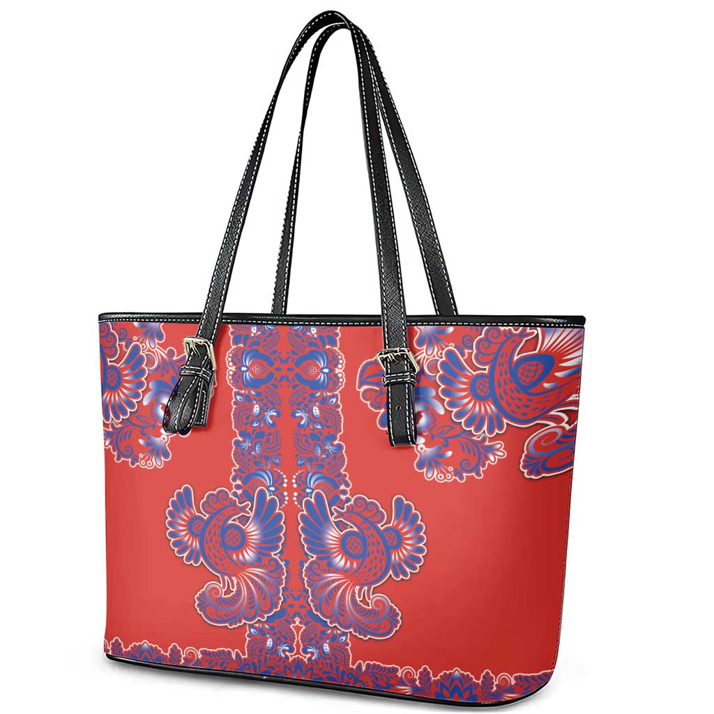 Red Russian National Costume Leather Tote Bag Rooster Motifs Traditional Folk Pattern - Wonder Print Shop