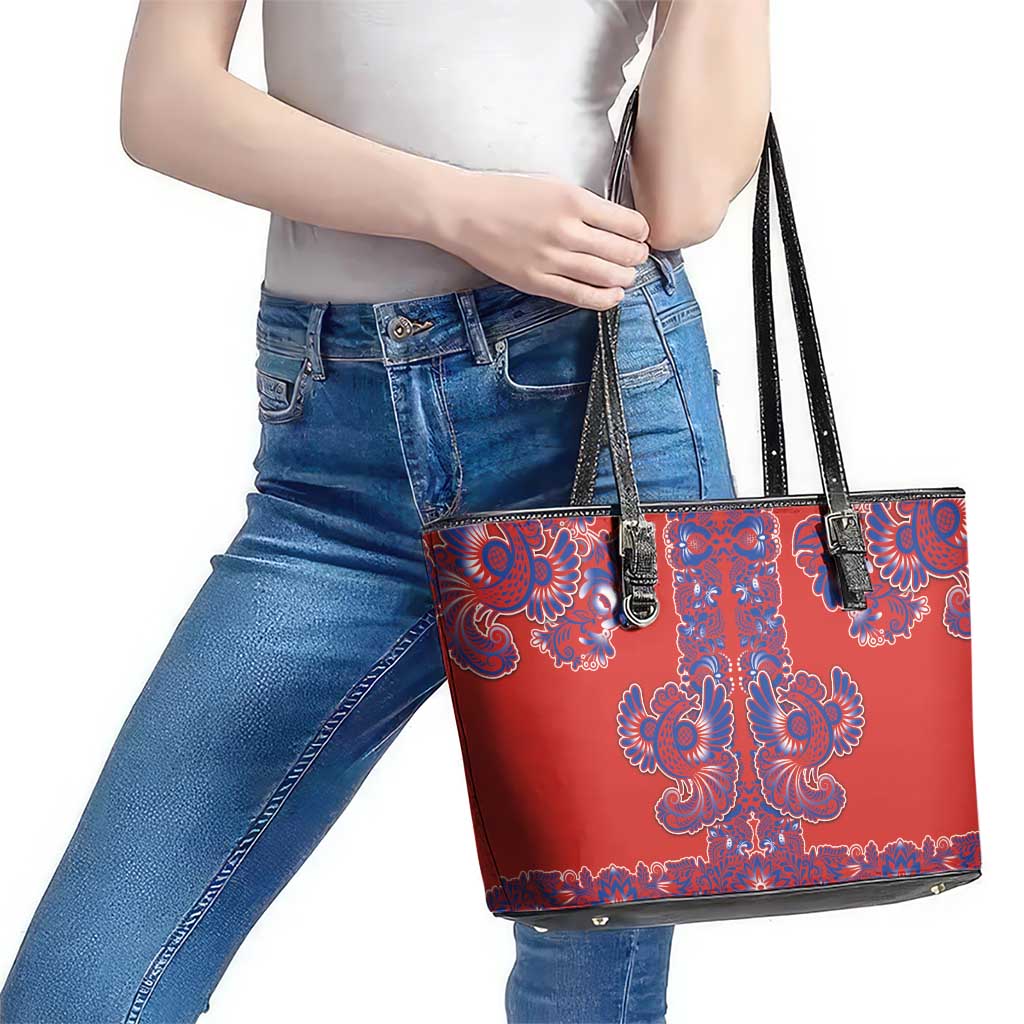 Red Russian National Costume Leather Tote Bag Rooster Motifs Traditional Folk Pattern - Wonder Print Shop