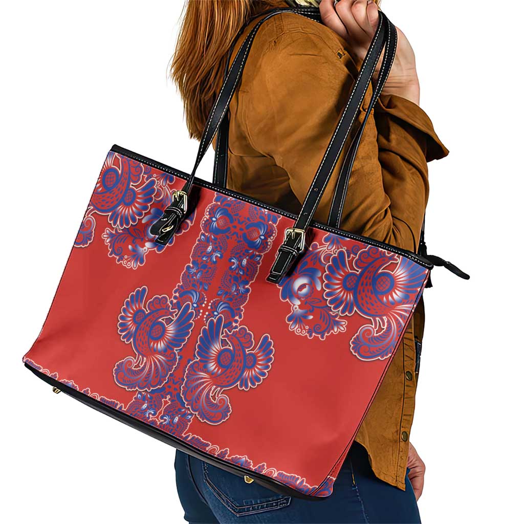 Red Russian National Costume Leather Tote Bag Rooster Motifs Traditional Folk Pattern - Wonder Print Shop