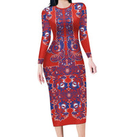 Red Russian National Costume Long Sleeve Bodycon Dress Rooster Motifs Traditional Folk Pattern - Wonder Print Shop