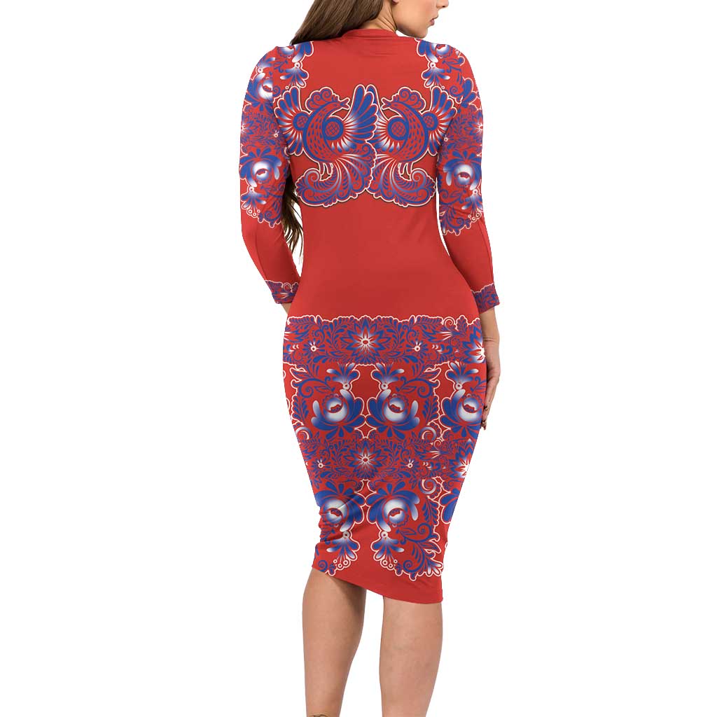 Red Russian National Costume Long Sleeve Bodycon Dress Rooster Motifs Traditional Folk Pattern - Wonder Print Shop