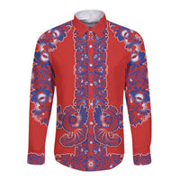 Red Russian National Costume Long Sleeve Button Shirt Rooster Motifs Traditional Folk Pattern - Wonder Print Shop