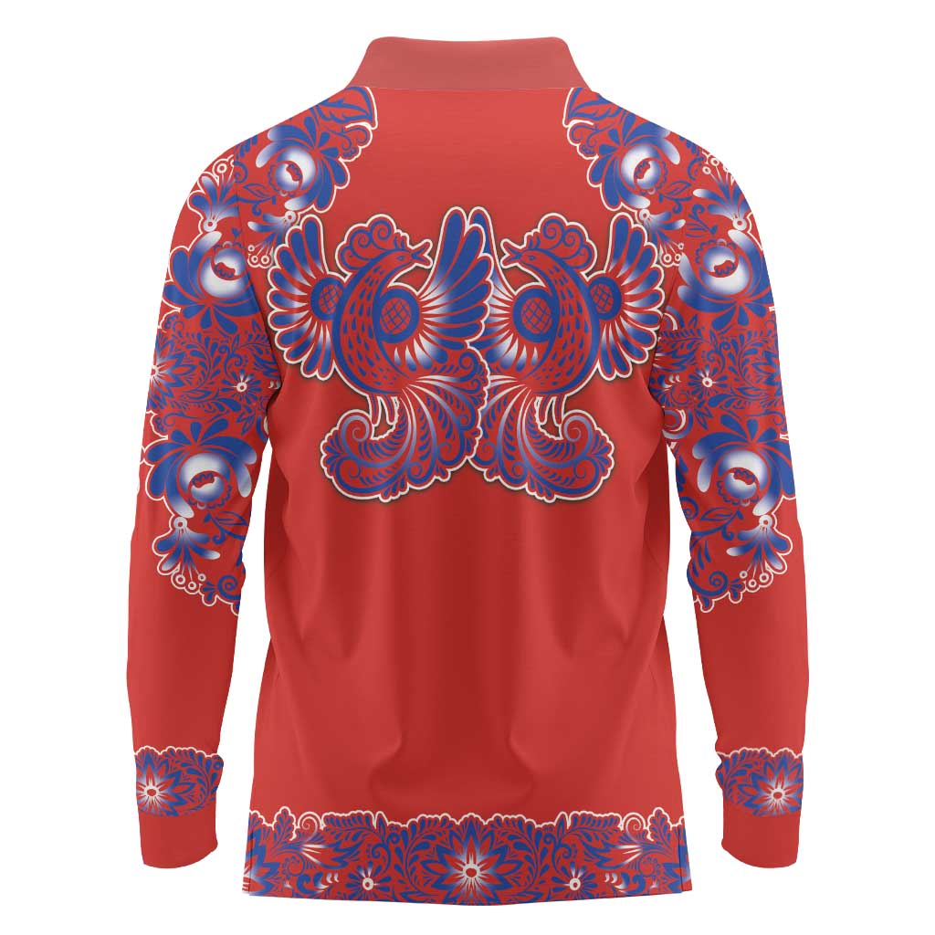 Red Russian National Costume Long Sleeve Polo Shirt Rooster Motifs Traditional Folk Pattern - Wonder Print Shop
