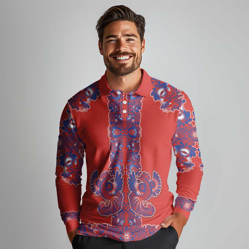 Red Russian National Costume Long Sleeve Polo Shirt Rooster Motifs Traditional Folk Pattern - Wonder Print Shop