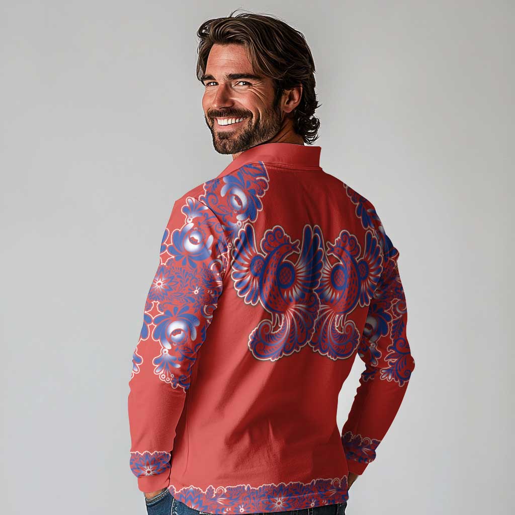 Red Russian National Costume Long Sleeve Polo Shirt Rooster Motifs Traditional Folk Pattern - Wonder Print Shop