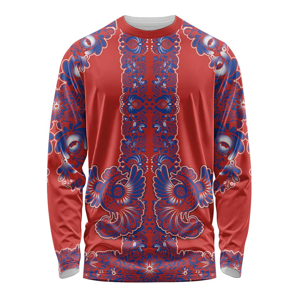 Red Russian National Costume Long Sleeve Shirt Rooster Motifs Traditional Folk Pattern - Wonder Print Shop